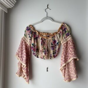 Sunday Bell Sleeve Cream and Purple Crop Blouse
